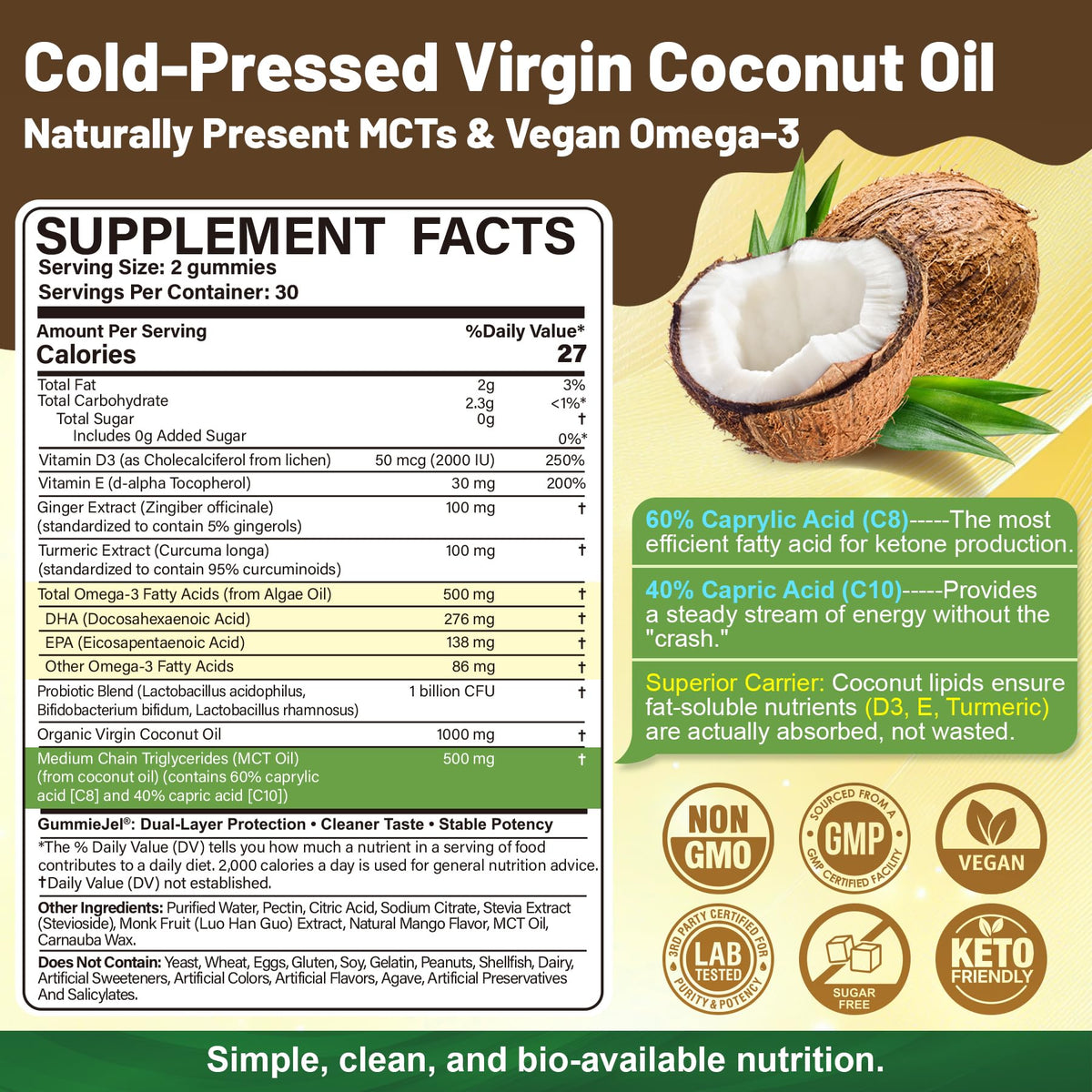 MCT Oil Organic Gummies, Coconut Oil + Omega-3, Turmeric, Probiotics, 60Ct
