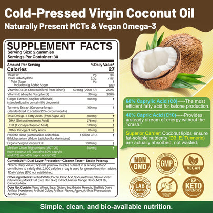 MCT Oil Organic Gummies, Coconut Oil + Omega-3, Turmeric, Probiotics, 60Ct