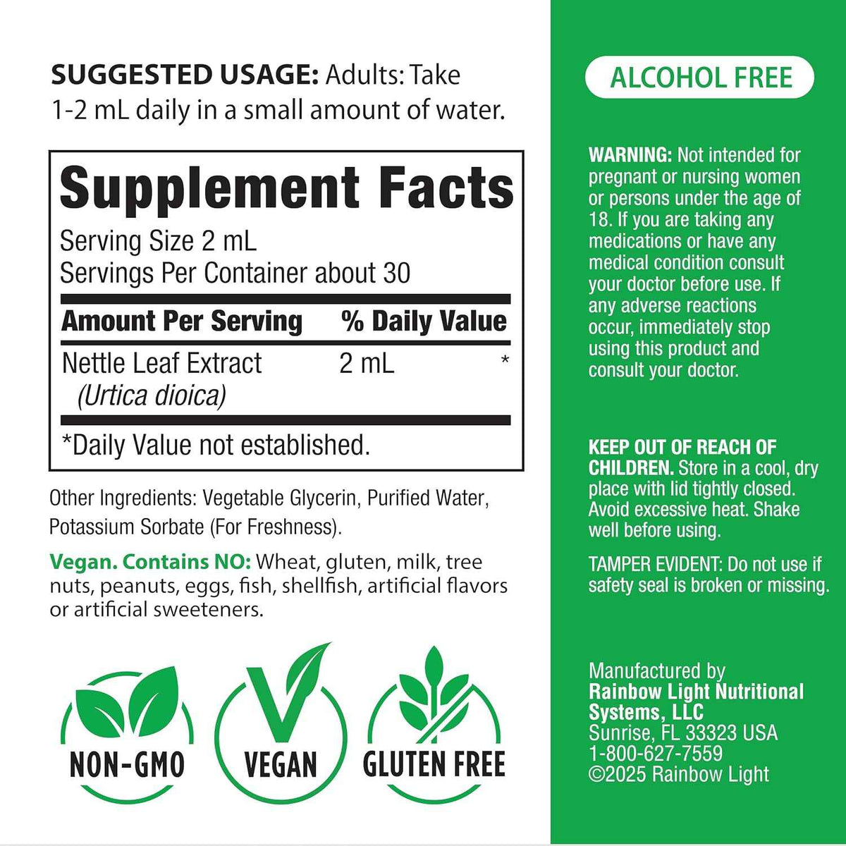 Rainbow Light Nettle Leaf Extract - 2 Fl Oz - Super Concentrated - Alcohol Free - Non-GMO and Gluten Free Herbal Supplement