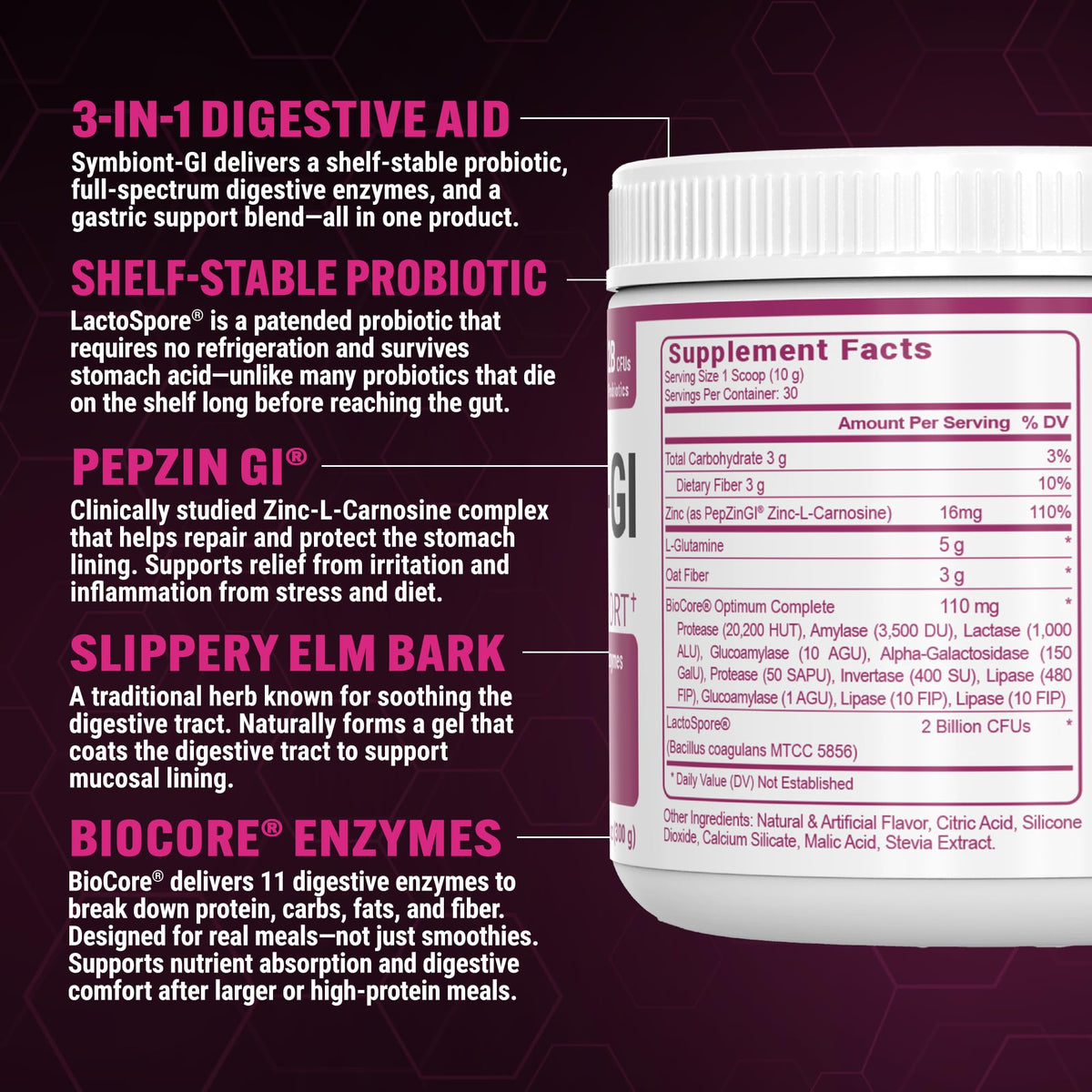 PEScience Complete-GI Gut Health Powder, Probiotics for Women and Men, Digestive Enzymes, Prebiotic Fiber, L Glutamine, Pepzin GI Zinc Carnosine - Raspberry Flavor, 30 Servings