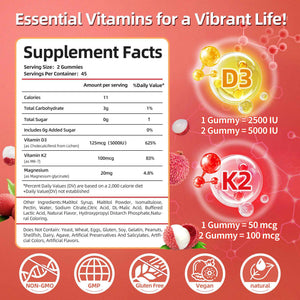 Vitamin D3 K2 Gummies w/Magnesium Sugar Free - 90 Count - D3 Vitamin 5,000 IU + K2(MK-7) 100 mcg - Vegan K2 D3 Vitamin Supplement, Highly Absorbent Supports Bone