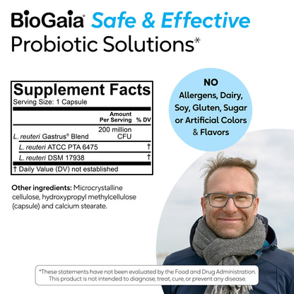 BioGaia Gastrus L reuteri Probiotic - 35 Years of Clinical Gut Research - L reuteri 6475 + 17938 Probiotics - Ease Gut Discomfort, Gas & Bloating - Promotes a Healthy Gut & Microbiome - 30 Chewables