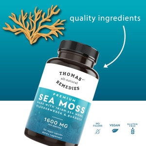 Thomas' all-natural Remedies Irish Sea Moss Capsules, Sea Moss with Bladderwrack & Burdock Root Organic for Gut Health, Digestion, Energy & Immune Support, 120 Seamoss Pills Thomas' all-natural RemediesBuy Supplements Australia