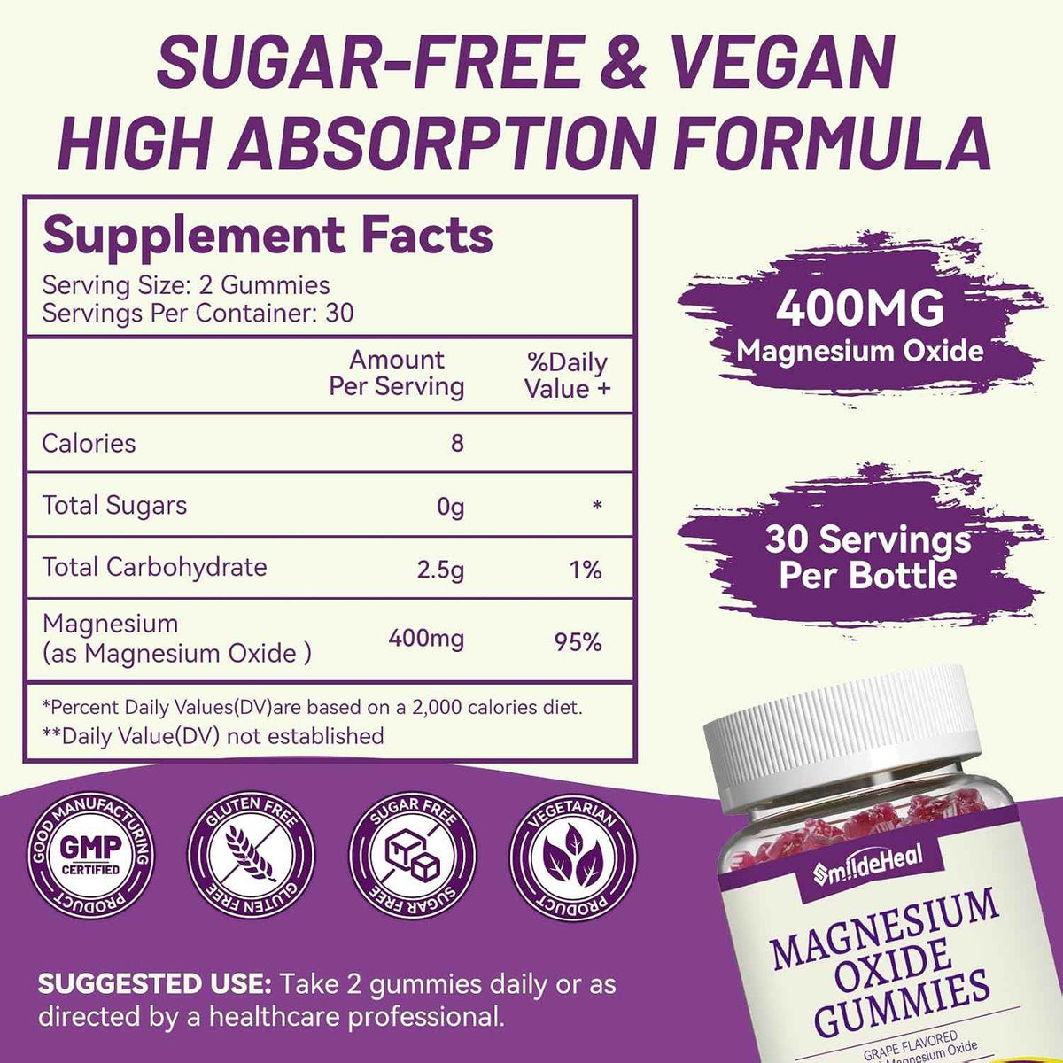 Magnesium Oxide Gummies 400mg - Magnesium Gummies for Women & Adults - Chewable Magnesium Supplement for Nerve & Muscle Support* - Sugar-Free, Vegan - 60 Gummies