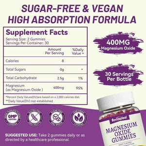 Magnesium Oxide Gummies 400mg - Magnesium Gummies for Women & Adults - Chewable Magnesium Supplement for Nerve & Muscle Support* - Sugar-Free, Vegan - 60 Gummies