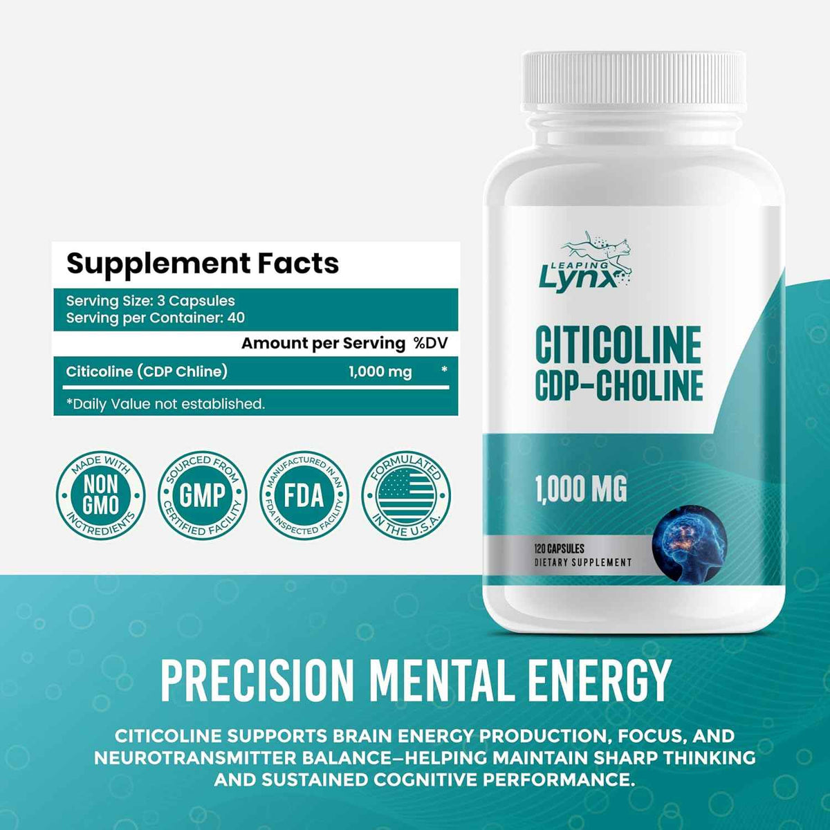 Leaping Lynx Citicoline 1000 mg (CDP Choline) Capsules - 120 Count - CDP Choline Supplement for Brain, Focus & Memory Support - Nootropic Choline Supplement - Non-GMO, ISO-Certified
