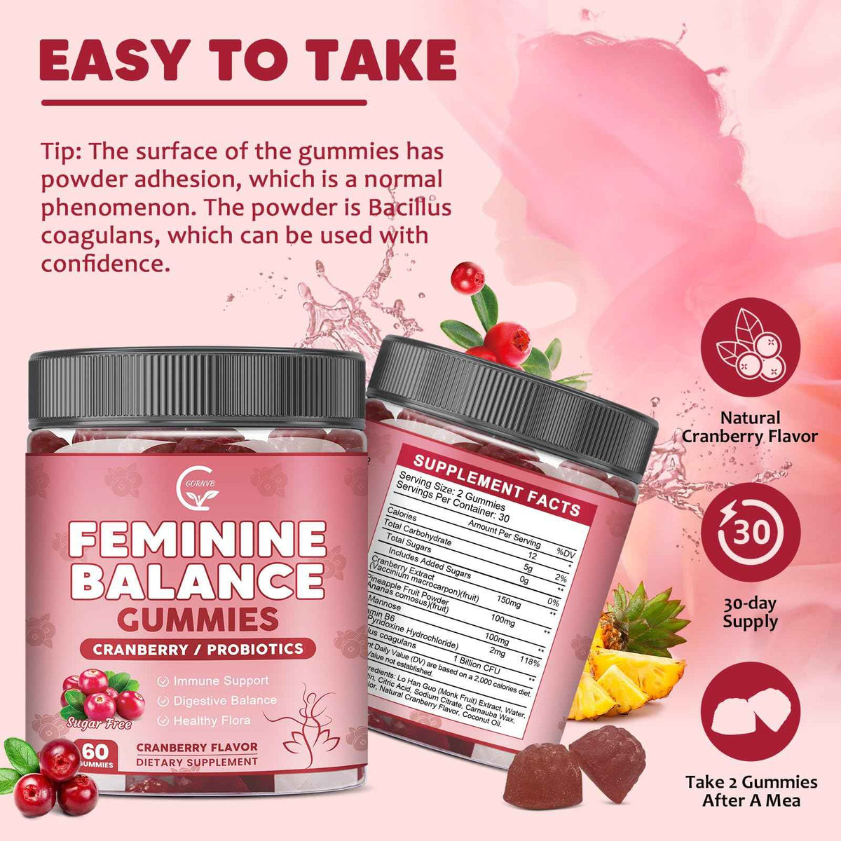 GORNVB Premium Feminine Balance Gummies for Women, Support pH Balance & Vaginal Probiotics Health Gummies with Cranberry Pineapple Powder, D-Mannose, Sugar Free, Gluten Free, Vegan