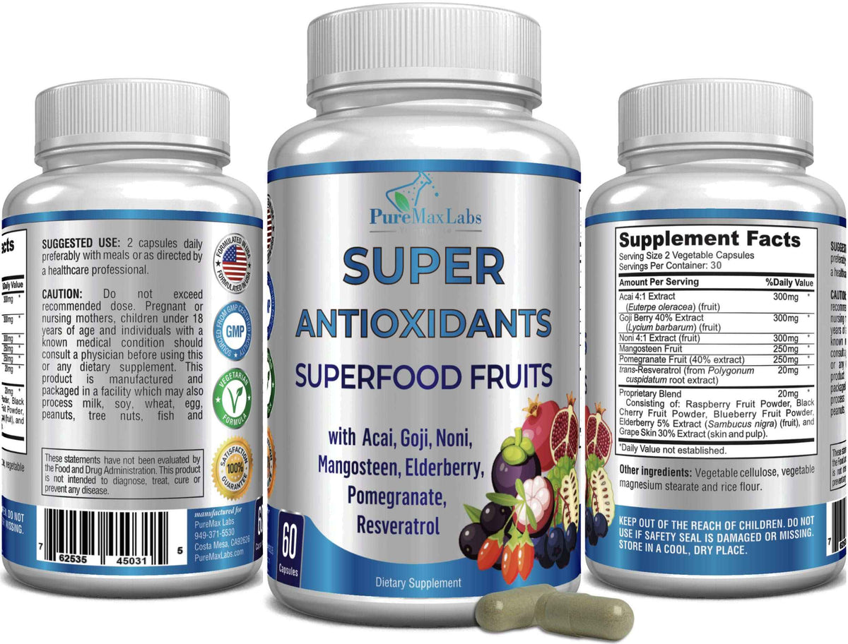 Super Antioxidant Fruit Superfood Complex - Powerful Antioxidant Superfruits, Acai, Goji, Noni, Mangosteen, Pomegranate, Elderberry, Resveratrol,