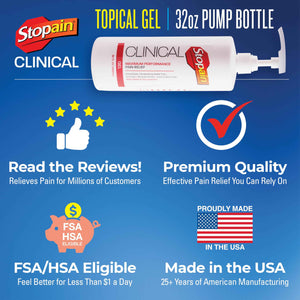 Stopain Clinical Pain Relief Gel 32 oz - Professional Formula for Arthritis, Knee, Back & Muscle Pain - Maximum Strength Gel for Joint & Nerve Pains with 10% Menthol Plus Glucosamine - Made in USA