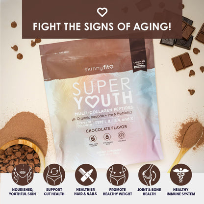 SkinnyFit Super Youth Chocolate Multi-Collagen Peptides + Probiotics, Baobab Fiber