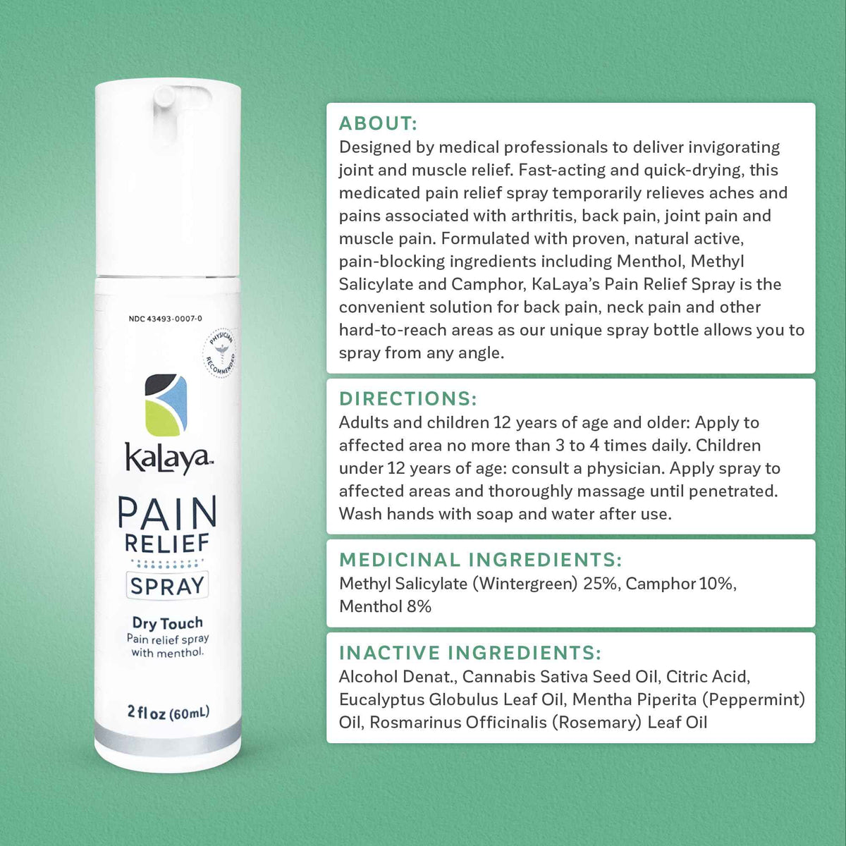 Kalaya Pain Relief Spray - Fast-Acting, Quick-Drying Muscle Rub for Joint Pain Relief and Muscle Pain - with Eucalyptus, Menthol, Methyl Salicylate, Camphor - Ideal for Easing Back Pain - 2 oz