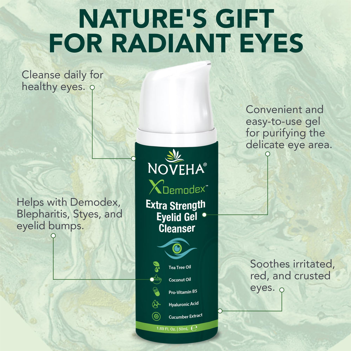 NOVEHA Demodex Extra Strength Eyelid Gel Cleanser – Tea Tree Oil Eyelid Cleanser for Dry Eye, MGD & Itchy Eyelids (50ml)