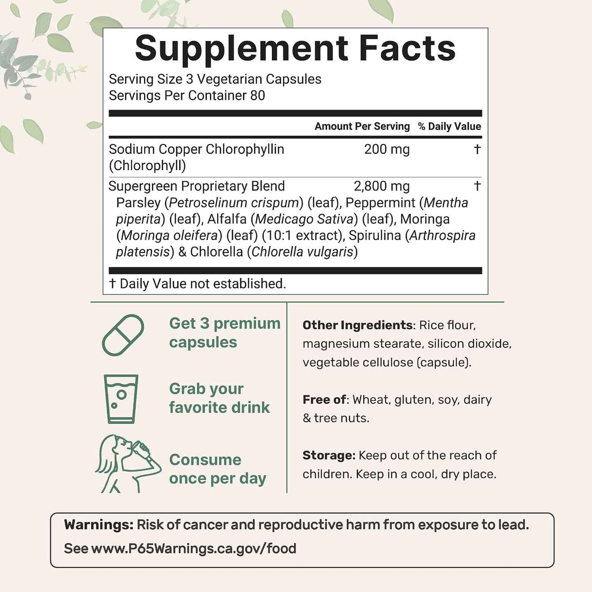 Micro Ingredients Chlorophyll Super Greens Complex - 240 Veggie Capsules with Parsley, Moringa, Spirulina, Chlorella, & More - Gluten-Free, No Additives