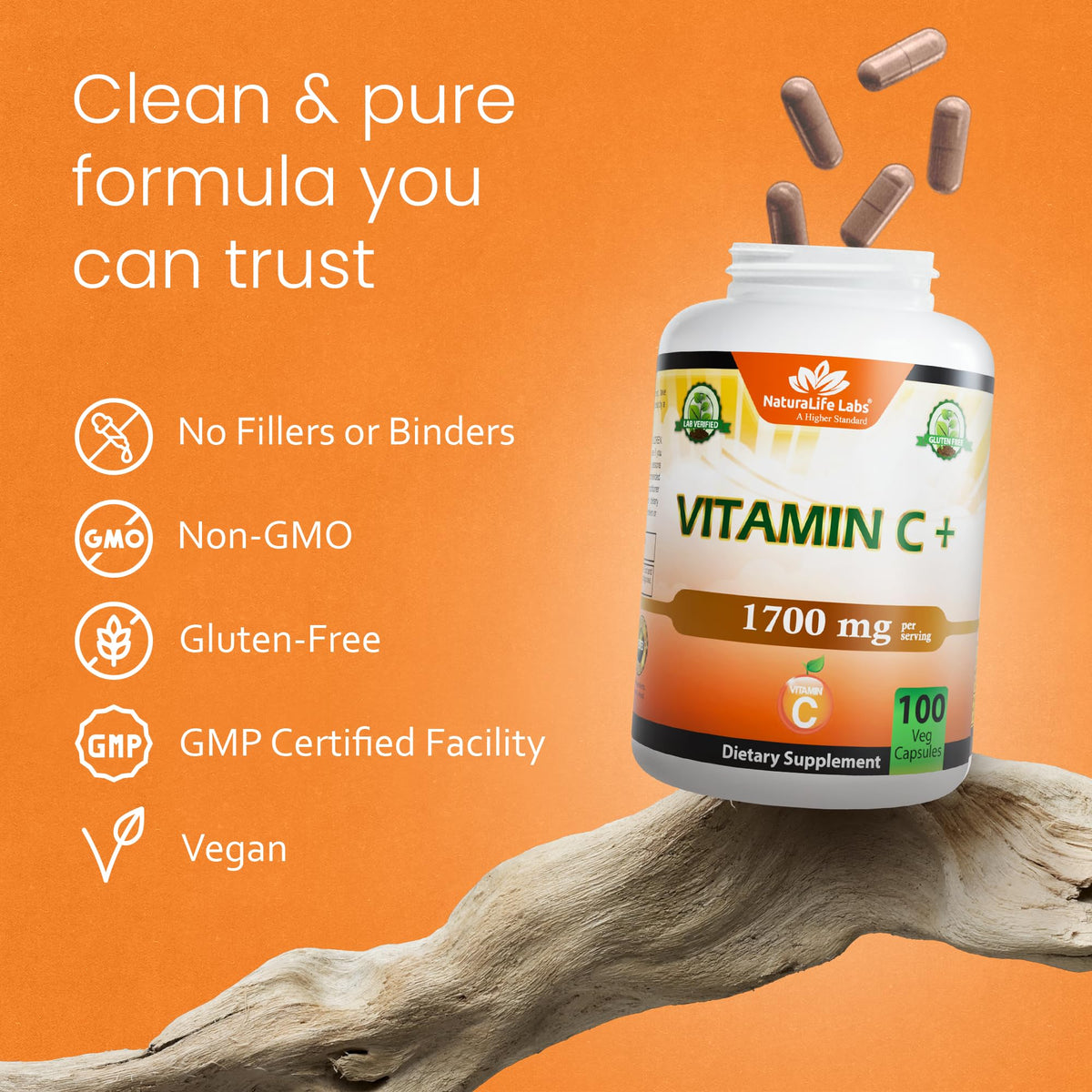 NaturaLife Labs Vitamin C with Vitamin D3, Zinc, Elderberry & Ginger Root - 1,700 mg per Serving - 100 Capsules, Vegan, Non-GMO, Gluten Free