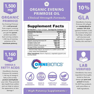 OmniBiotics Organic Evening Primrose Oil for Women - Clinical Strength 1500mg per Capsule, 10% GLA, Cold-Pressed, Non-GMO, Hormone Balance for Women - 120 Vegan Softgel Capsules (Pack of 2)