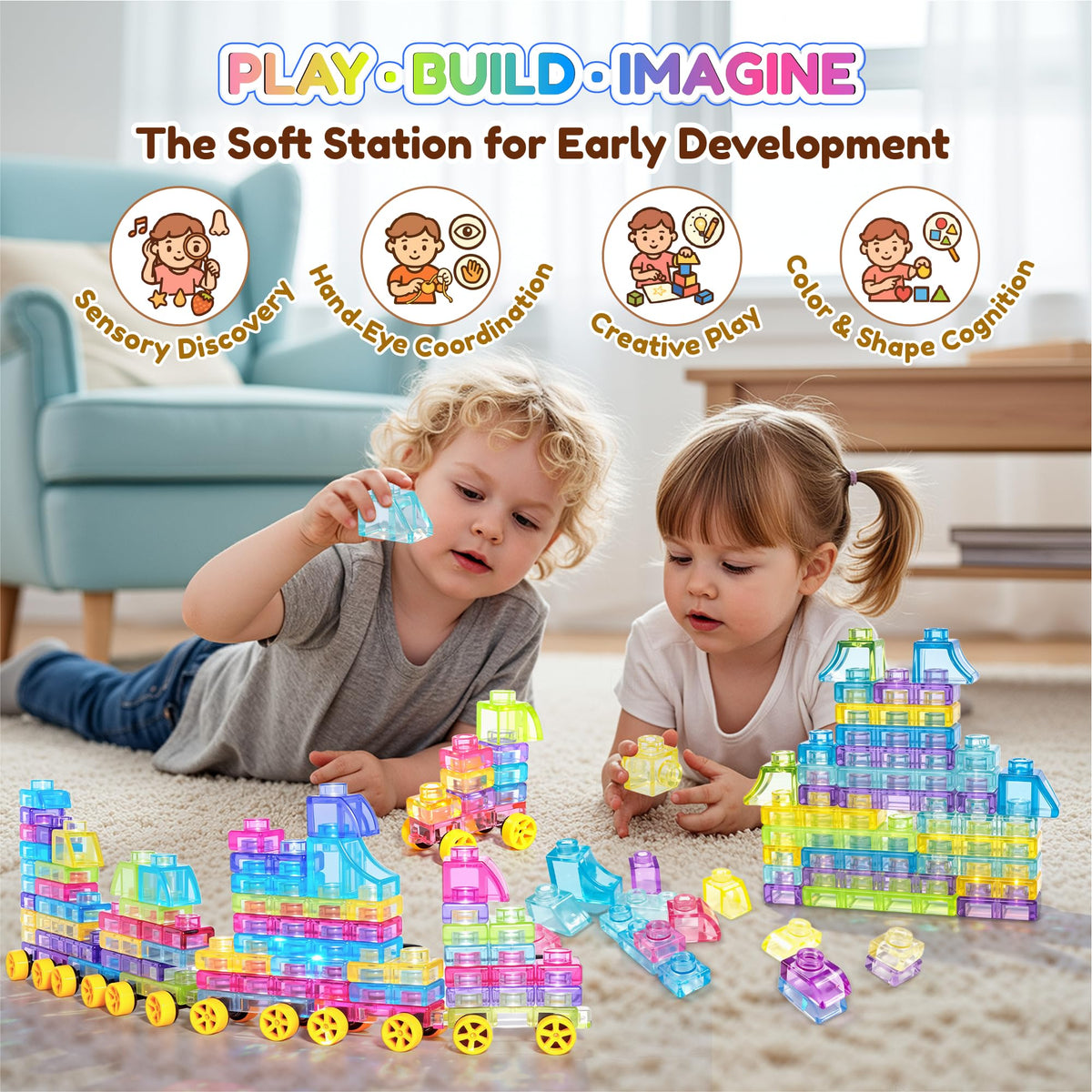 42PCS Soft Train Sensory Building Blocks with Wheels,Squishy Stacking Toy