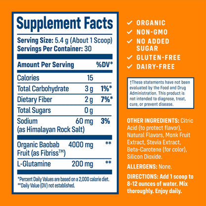 NativePath Organic Baobab Prebiotic Fiber Powder - Digestive Health Supplement - Natural Orange Flavor, 30 Servings