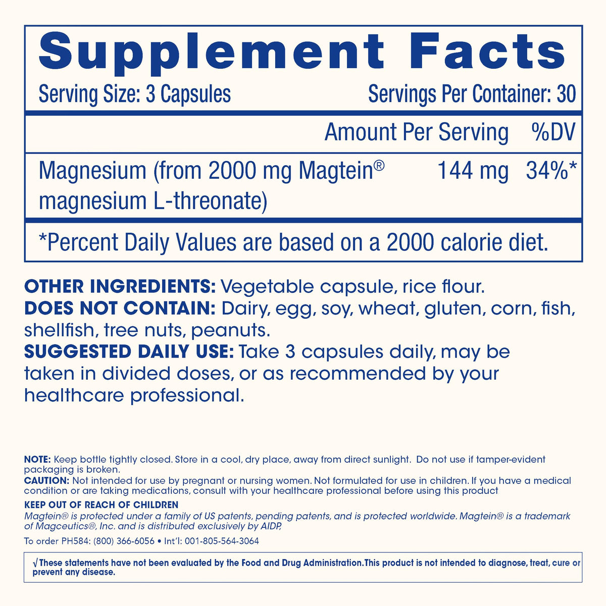 Magnesium L-Threonate Supplement (Magtein), 90 Capsules - Clinically Supported for Brain Health - Optimize Learning, Memory & Focus - 3rd Party Tested (3 Pack)
