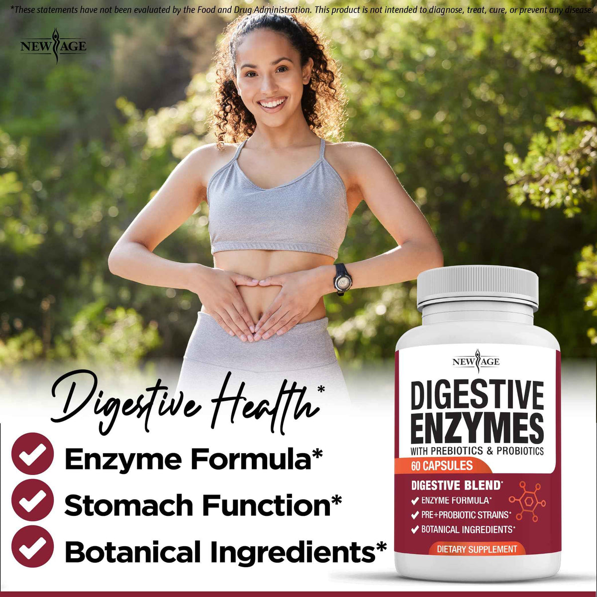 NEW AGE Digestive Enzymes for Gut Health - Probiotic Multi Enzymes with Prebiotics and Probiotics with Lipase for Women and Men for Digestive Health