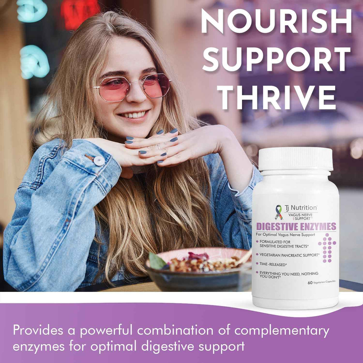 TJ Nutrition Digestive Enzymes for Sensitive Stomachs - Supports Vagus Nerve, Vegetarian Pancreatic Support, Timed Release Formula for Optimal Gut Health, Enhances Food Digestion & Gut Flora
