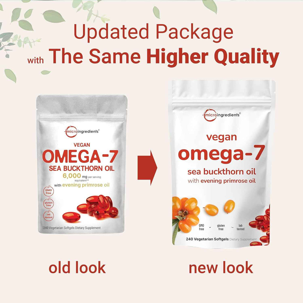 Vegan Omega-7 Sea Buckthorn Oil, 240 Vegetarian Softgels - 2-in-1 with Evening Primrose Oil - Plant Based Botanical Oil Blend - Non-GMO, Gluten, & Carrageenan Free