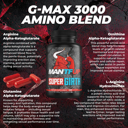 MANTFUP SUPER GIRTH Natural Male Sexual Enhancer for Growth | Fast-Acting Blood Flow | Daily Supplement to Thicken & Strengthen | Potenciadores de Testosterona | Made in USA (1 Month Supply, 120 Caps)