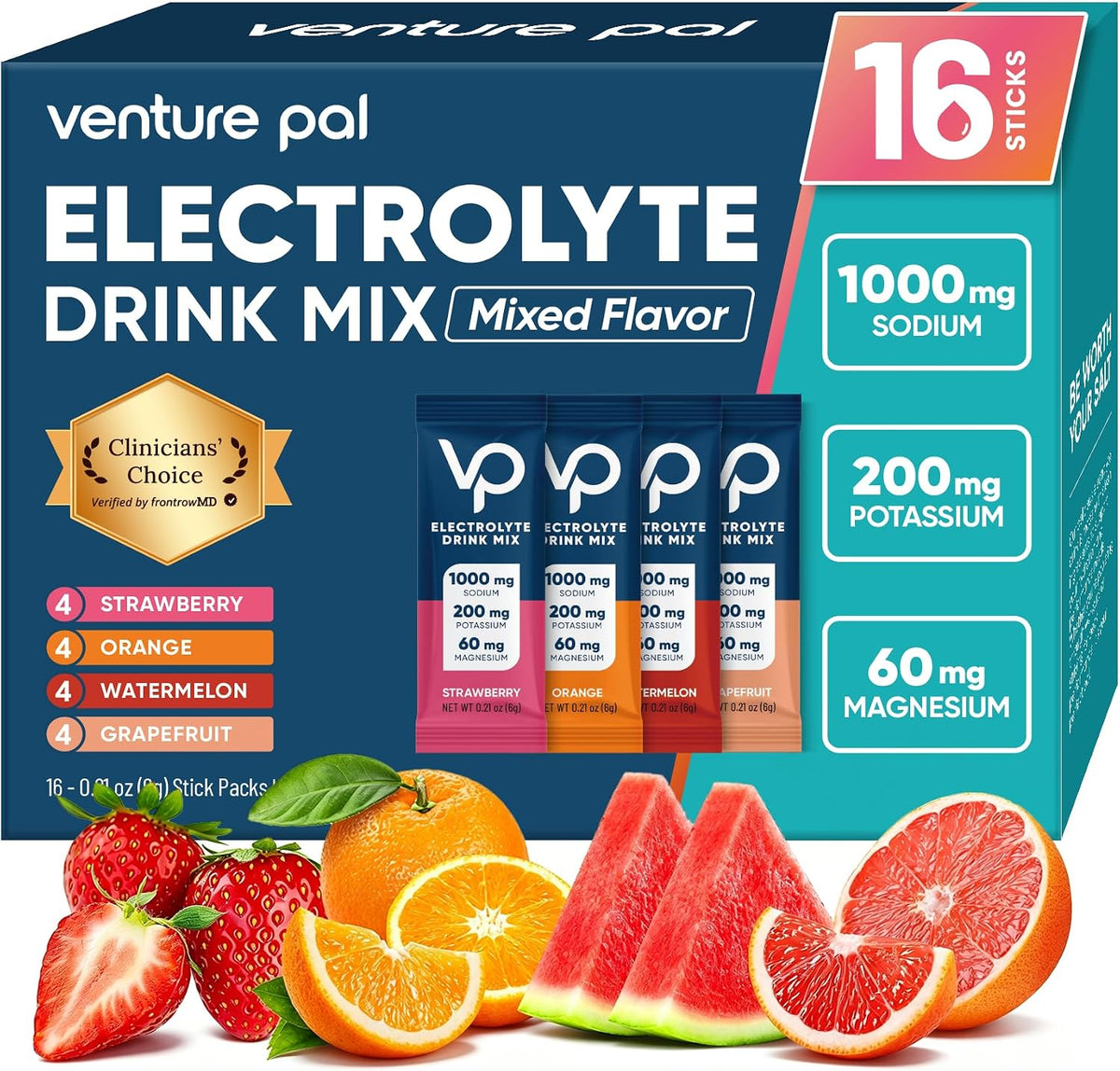 Venture Pal High Sodium Sugar Free Electrolytes Powder Packet, 16 Sticks - Hydration Packets with Vitamin, Sodium & Potassium, Zero Calories, Vegan, Keto & Paleo Friendly Electrolyte Drink Mix