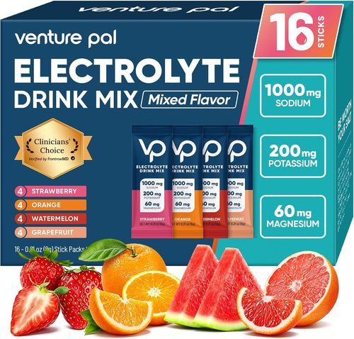 Venture Pal High Sodium Sugar Free Electrolytes Powder Packet, 16 Sticks - Hydration Packets with Vitamin, Sodium & Potassium, Zero Calories, Vegan, Keto & Paleo Friendly Electrolyte Drink Mix