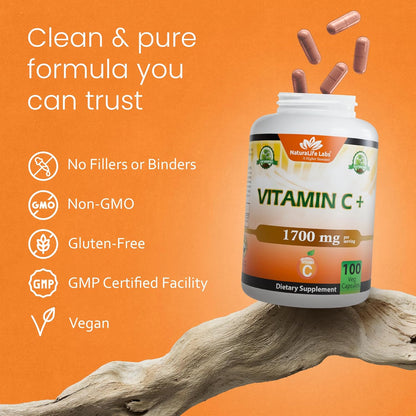 NaturaLife Labs Vitamin C with Vitamin D3, Zinc, Elderberry & Ginger Root - 1,700 mg per Serving - 100 Capsules, Vegan, Non-GMO, Gluten Free
