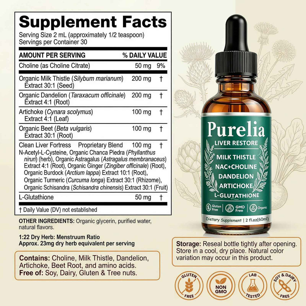 Purelia Liver Restore, 2.02FL OZ Liver Restore Drops, Complete Liver Support Supplement with Milk Thistle, Dandelion Root, L-Glutathione & Choline for Natural Balance & Liver Cleanse