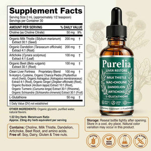 Purelia Liver Restore, 2.02FL OZ Liver Restore Drops, Complete Liver Support Supplement with Milk Thistle, Dandelion Root, L-Glutathione & Choline for Natural Balance & Liver Cleanse