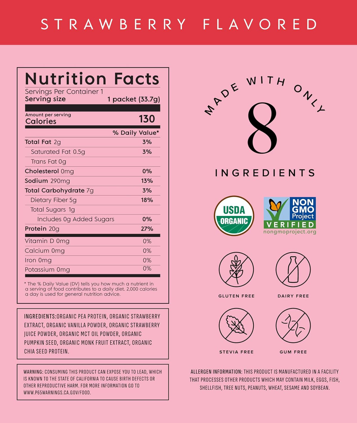 Truvani Organic Plant Based Protein Powder - Strawberry - 10 Servings - Vegan - 20g Pea Protein - Single Serving Travel Packets - Keto - Gluten & Dairy Free - Low Carb