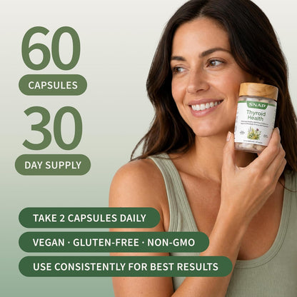 Snap Supplements Thyroid Health, Selenium, Zinc, L-Tyrosine, 60 Capsules - Thyroid Support Supplement for Women & Men, Botanicals for Metabolism, Energy & Endocrine Balance, Iodine-Free, Vegan