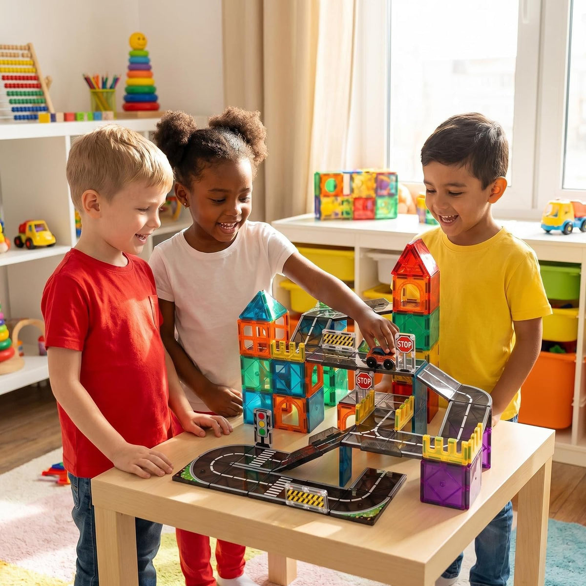 Sylvran Magnetic Tiles Road Set, 89 PCS Magnetic Building Blocks with Roads, Bridges & Ramps, STEM City Building Toys for Kids Ages 3-8, Educational Construction Magnet Toys, Gifts for Boys Girls