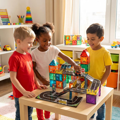 Sylvran Magnetic Tiles Road Set, 89 PCS Magnetic Building Blocks with Roads, Bridges & Ramps, STEM City Building Toys for Kids Ages 3-8, Educational Construction Magnet Toys, Gifts for Boys Girls