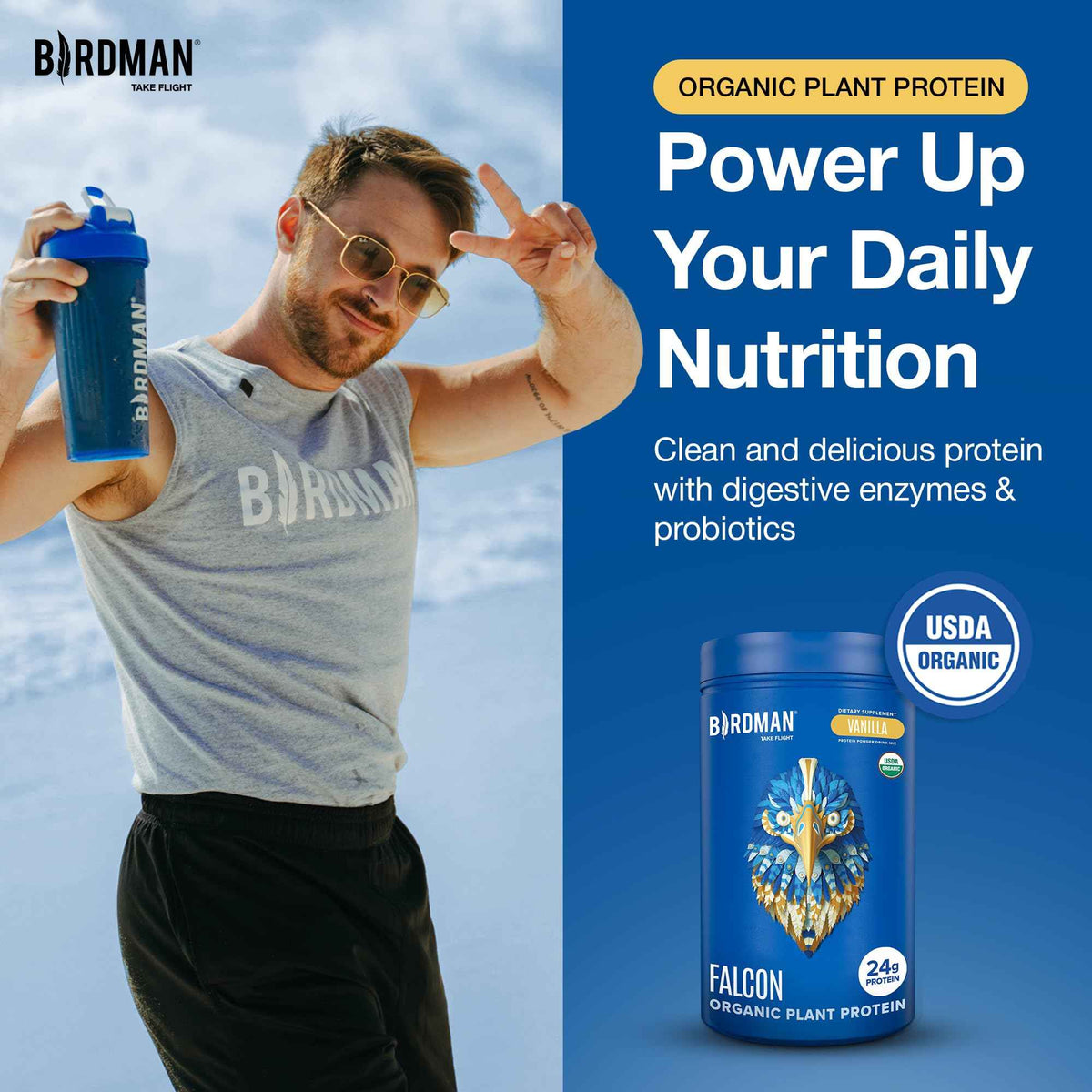 BIRDMAN Falcon Organic Vegan Protein Powder Vanilla, 24g Protein, Sugar Free, Probiotics, Low Carb, Keto Friendly, Dairy Free, Lactose Free, Non Whey