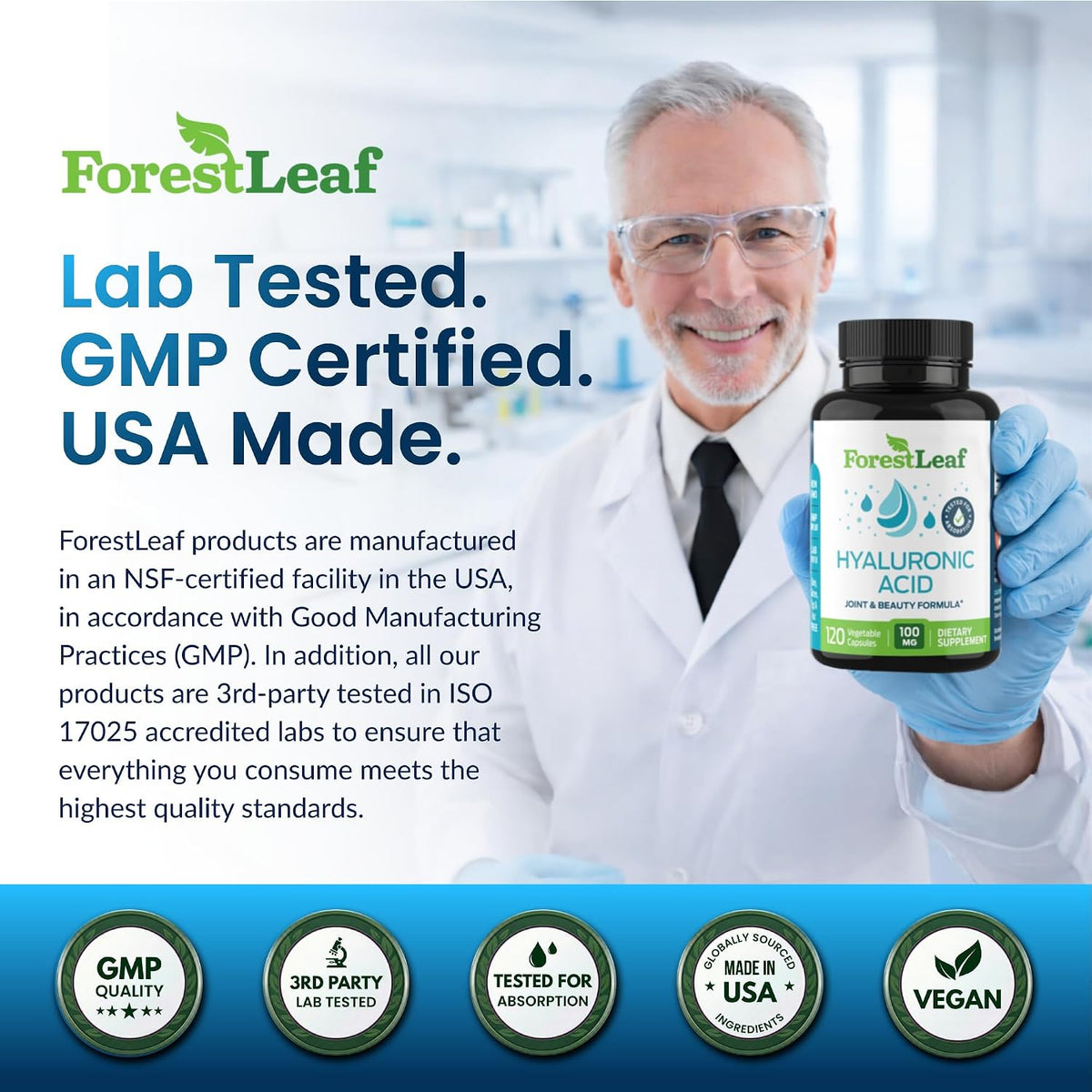 ForestLeaf Hyaluronic Acid Supplements - 100mg High Bioavailable Dietary Hyaluronic Acid Powder Capsules + 50mg VIT C - Supports Skin Hydration, Joint Lubrication, Anti-Aging, Hair & Nails - 120 Caps