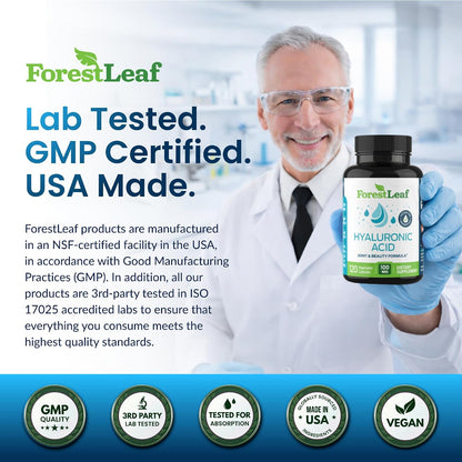 ForestLeaf Hyaluronic Acid Supplements - 100mg High Bioavailable Dietary Hyaluronic Acid Powder Capsules + 50mg VIT C - Supports Skin Hydration, Joint Lubrication, Anti-Aging, Hair & Nails - 120 Caps