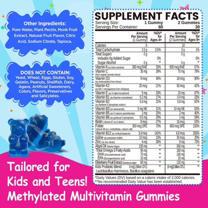 Kids Methylated Multivitamin - MTHFR Multivitamin for Kids & Teens 4+, L Methylfolate & B12, 13 Vitamins, Vegan Omega-3, Zinc, Probiotics & Elderberry, Immune Support, Brain Health, Sugar-Free