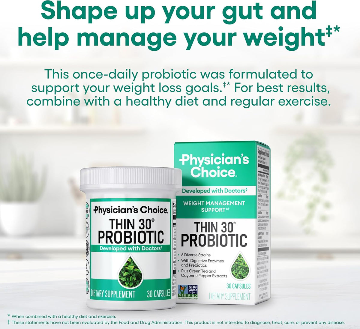 Physician's CHOICE Probiotics for Weight Management & Bloating, 30ct - 6 Probiotic Strains, Prebiotics, Cayenne, & Green Tea for Gut Health, Bloating Relief, & Weight Management for Women & Men