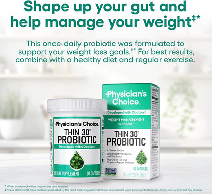 Physician's CHOICE Probiotics for Weight Management & Bloating, 30ct - 6 Probiotic Strains, Prebiotics, Cayenne, & Green Tea for Gut Health, Bloating Relief, & Weight Management for Women & Men