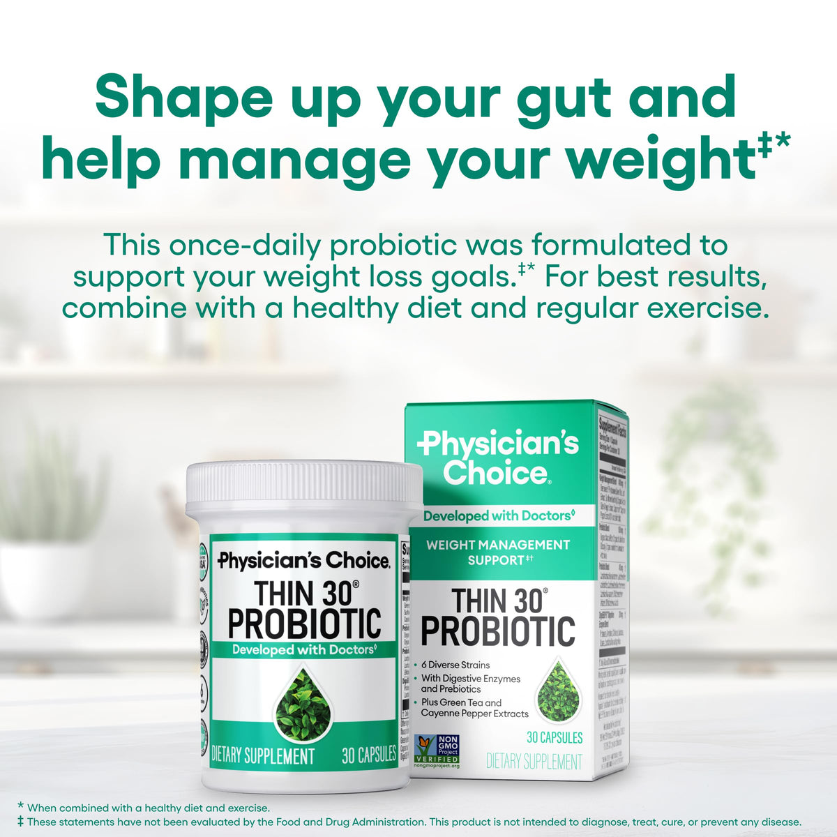 Physician's CHOICE Probiotics for Weight Management & Bloating, 30ct - 6 Probiotic Strains, Prebiotics, Cayenne, & Green Tea for Gut Health, Bloating Relief, & Weight Management for Women & Men