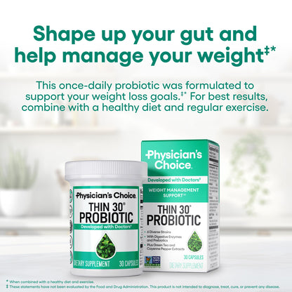 Physician's CHOICE Probiotics for Weight Management & Bloating, 30ct - 6 Probiotic Strains, Prebiotics, Cayenne, & Green Tea for Gut Health, Bloating Relief, & Weight Management for Women & Men
