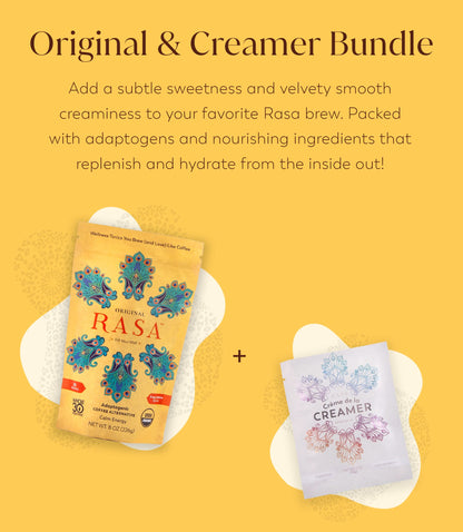 RASA Original Adaptogenic Coffee Alternative & Crème de la Creamer Bundle | Ayurveda Mushroom Wellness Tonic & Adaptogen Powdered Non-Dairy Creamer with MCT Oil — Vegan, Whole 30, Keto (30 Servings)