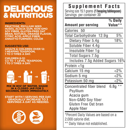 Yerba Prima Daily Fiber Formula 16 oz (Pack of 2) - Premium Dietary Fiber Supplement, Non-GMO, Gluten Free, Made in The USA, Orange Flavor