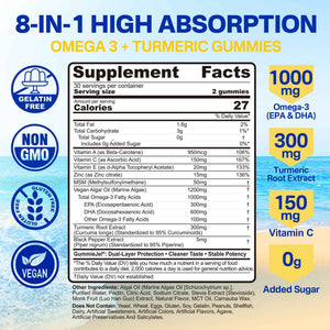 Omega-3 Gummies + Turmeric - Omega 3 Fish Oil Alternative for Adults - Algae DHA 600mg & EPA 300mg, Vitamins A, C, E, Zinc & MSM, Sugar Free, 60 Cts