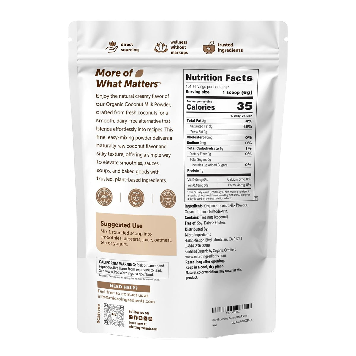 Micro Ingredients Organic Coconut Milk Powder, 2 Lb - Plant-Based Creamer for Coffee, Tea & Smoothies - Rich & Creamy, Easy Mixing - Non-GMO, Gluten-Free, Keto & Paleo Friendly