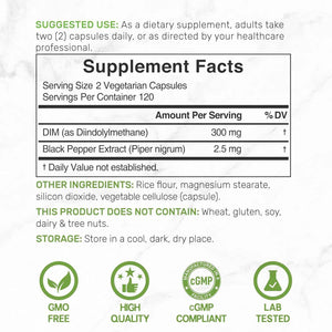 DIM Supplement 300mg with Black Pepper, 240 Vegetarian Caps, 4 Months Supply - 2-in-1 Dim Supplement for Women & Men - Diindolylmethane Plus Black Pepper Extract for Enhanced Absorption*