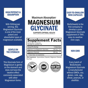 BioSchwartz Magnesium Glycinate 500mg Capsules (240 Mini Caps) Maximum Absorption Magnesium Supplement for Healthy Nerves Muscles Heart Mood and Sleep Support (Vegan, Gluten-Free, Non-GMO) BioSchwartzBuy Supplements Australia