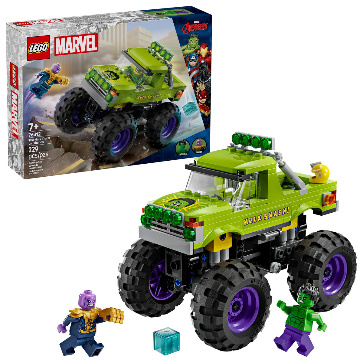 LEGO Marvel The Hulk Truck vs. Thanos - Monster Truck Building Toy for Kids 7+ - Includes Hulk & Thanos Toy Minifigures - Creative Birthday Gift Idea for Girls and Boys - 76312